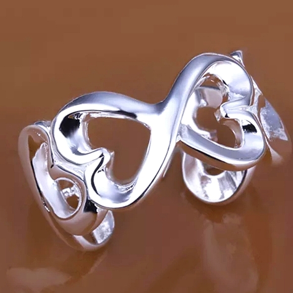 Heart Hollow Out Sterling Silver Bangle Bracelet Ring Set - Picture 4 of 9